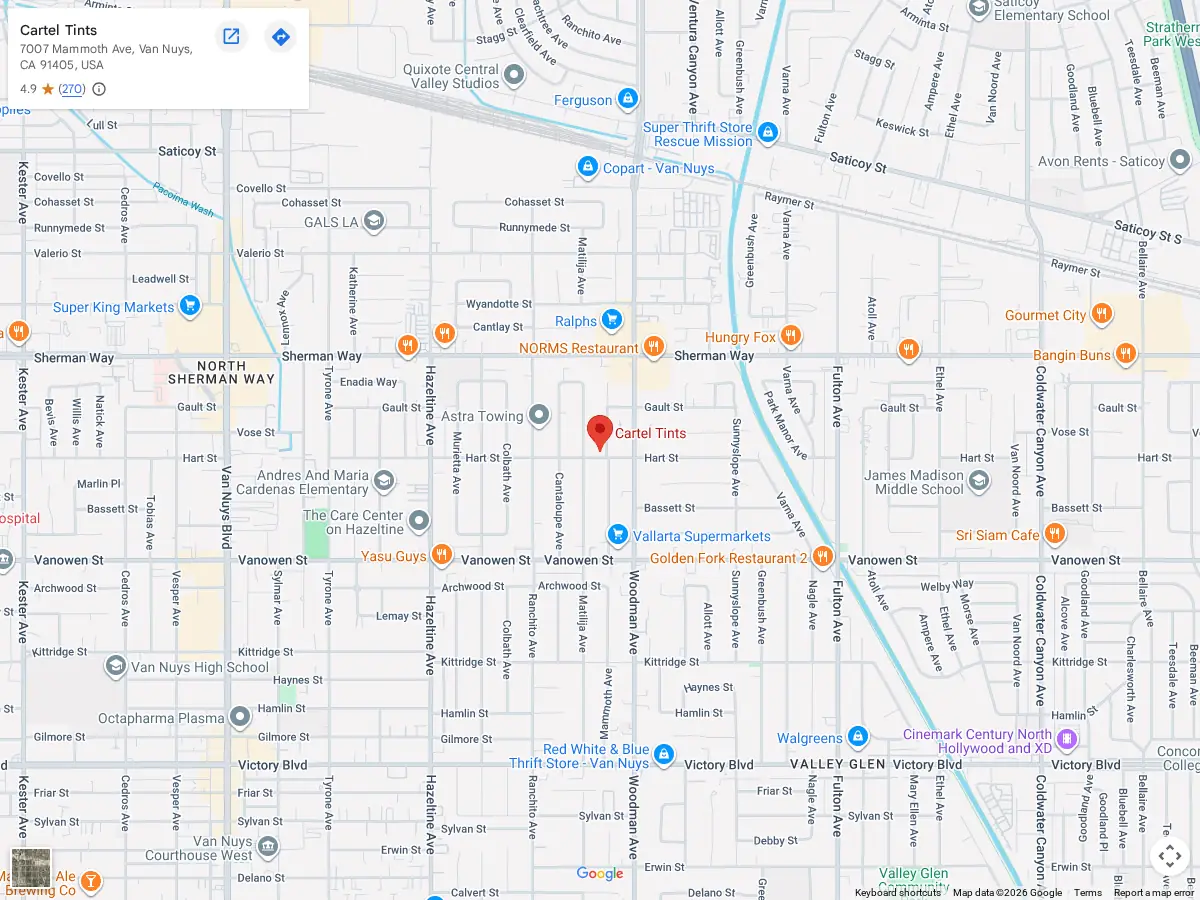 Map showing Cartel Tints at 7007 Mammoth Ave, Van Nuys, CA 91405